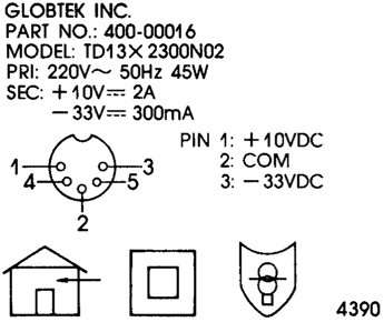 PRI: 220V~ 50Hz 45W, SEC: PIN1 +10V=/2A, PIN3 -33V=/300mA, PIN2 COM